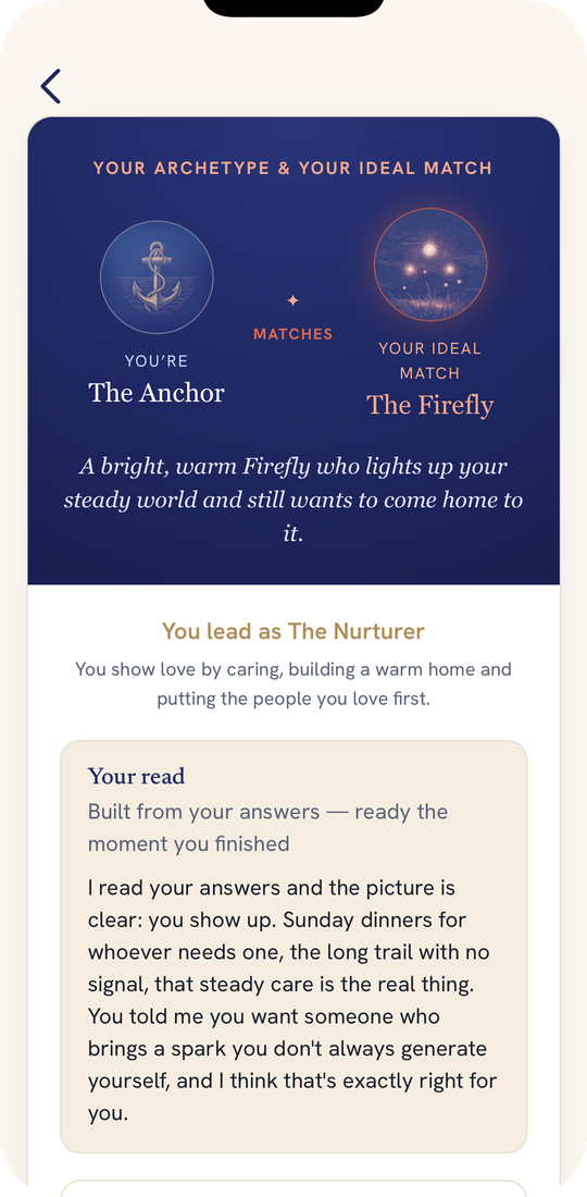 The NexSpark app showing an archetype report: you are The Anchor, your ideal match is The Firefly