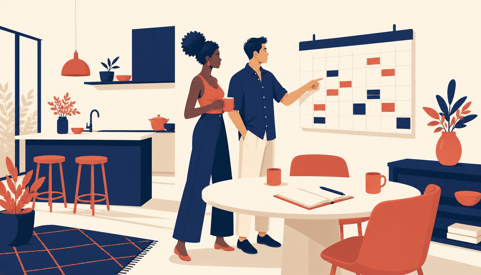 A couple stands in a bright kitchen, the woman holding a mug and the man pointing at a wall calendar dotted with coral and navy blocks