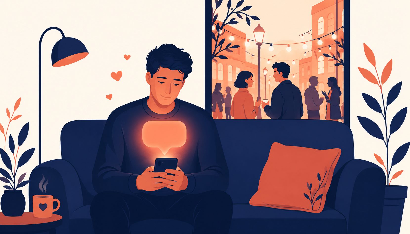 A person alone at night lit by the soft glow of an AI companion on their phone, real people visible through the window