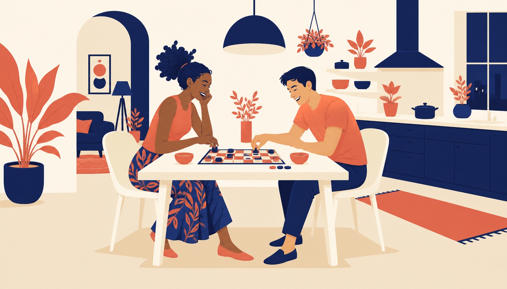 Two people playing checkers together at a kitchen table at home in the evening, relaxed and mid-laugh