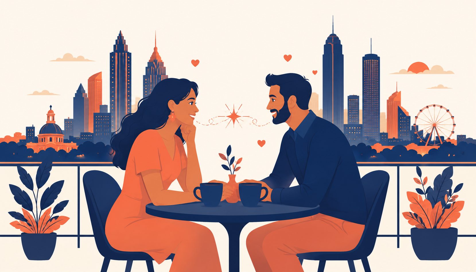 Two Atlanta singles meeting through a dating service, talking at a cafe table with the city skyline behind them