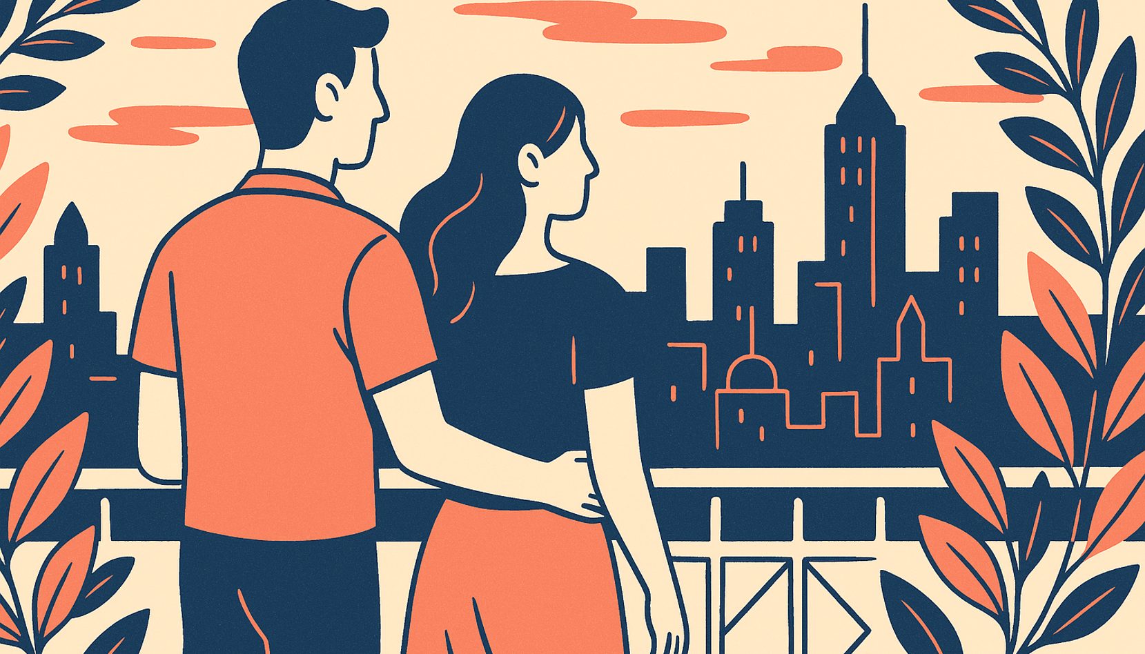 A couple on a rooftop terrace overlooking the Atlanta skyline at dusk