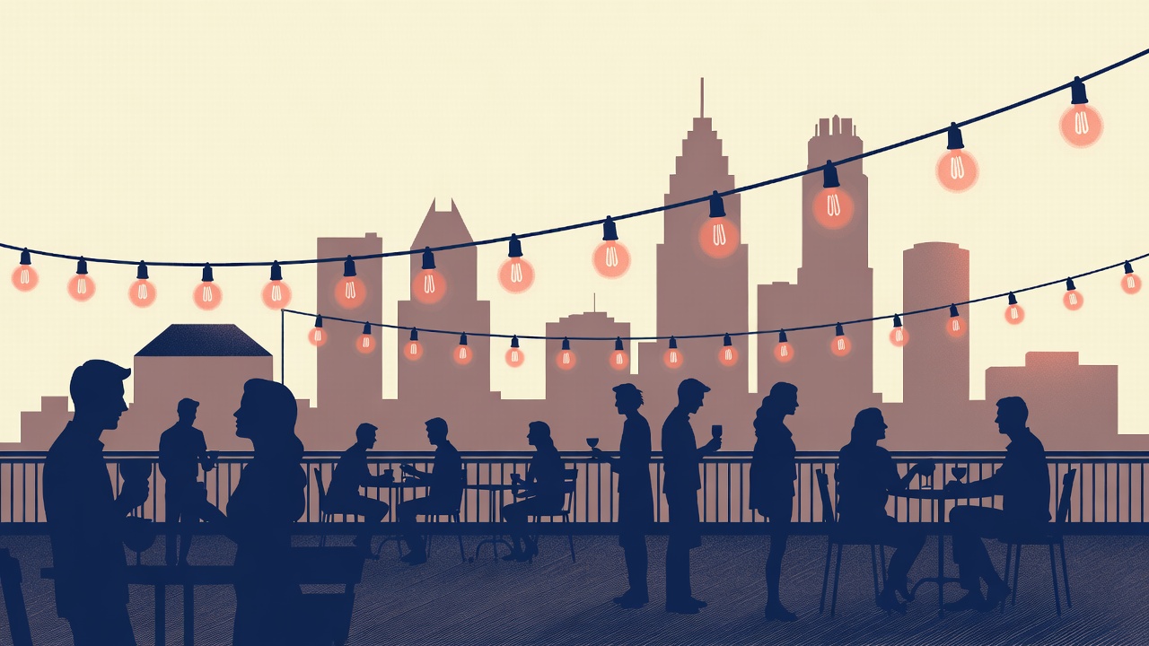 A crowd of people mingling at an Atlanta evening event
