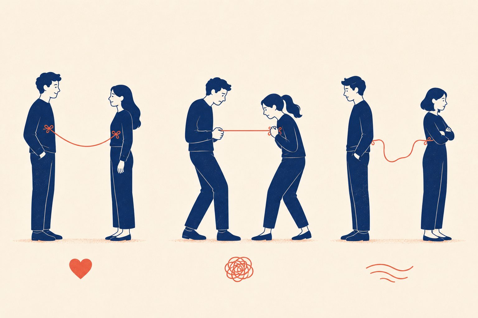 Three couples joined by a coral thread that is steady, taut, or drifting apart, secure, anxious, and avoidant attachment