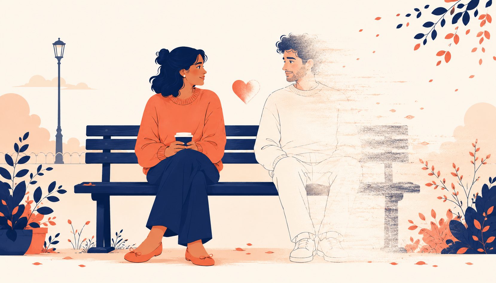 One partner slowly fading into a faint outline on a park bench while the other has not noticed