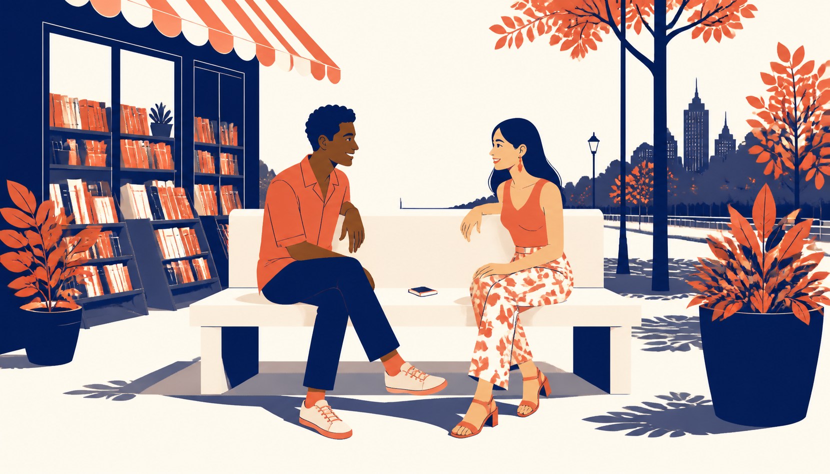 A couple meeting at a coffee shop while a phone on the table shows an AI matchmaking app