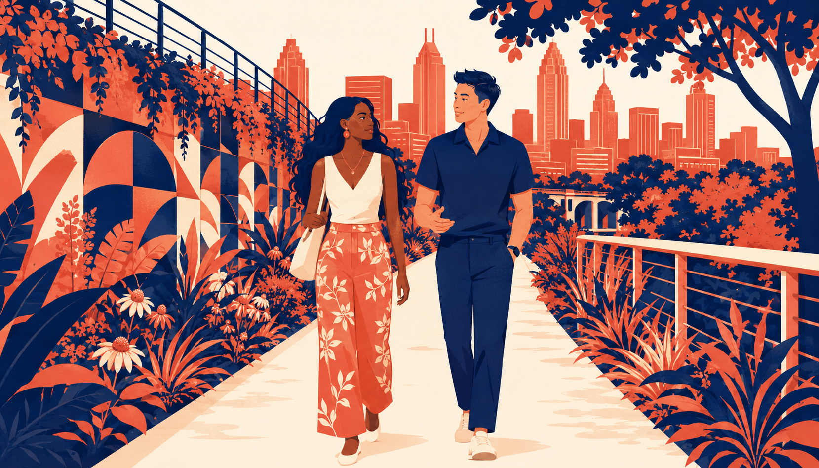 A couple walking through an Atlanta farmers market together, mid-conversation