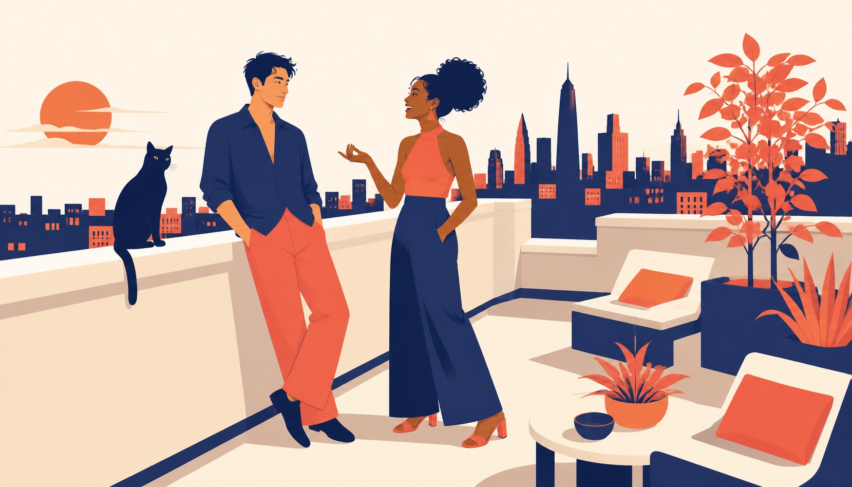 A couple on a city rooftop at golden hour: one leans calmly on the railing beside a black cat while the other laughs and talks with her hands