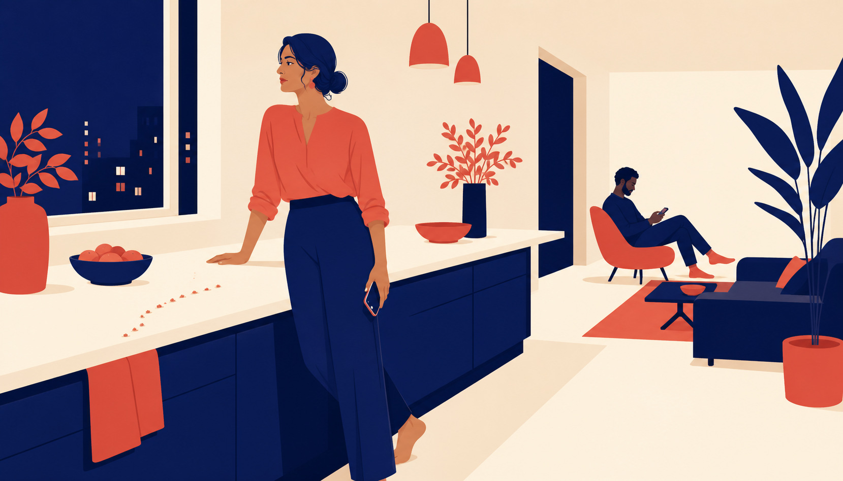A woman standing in a kitchen at night beside a trail of crumbs on the counter that stops before reaching the edge
