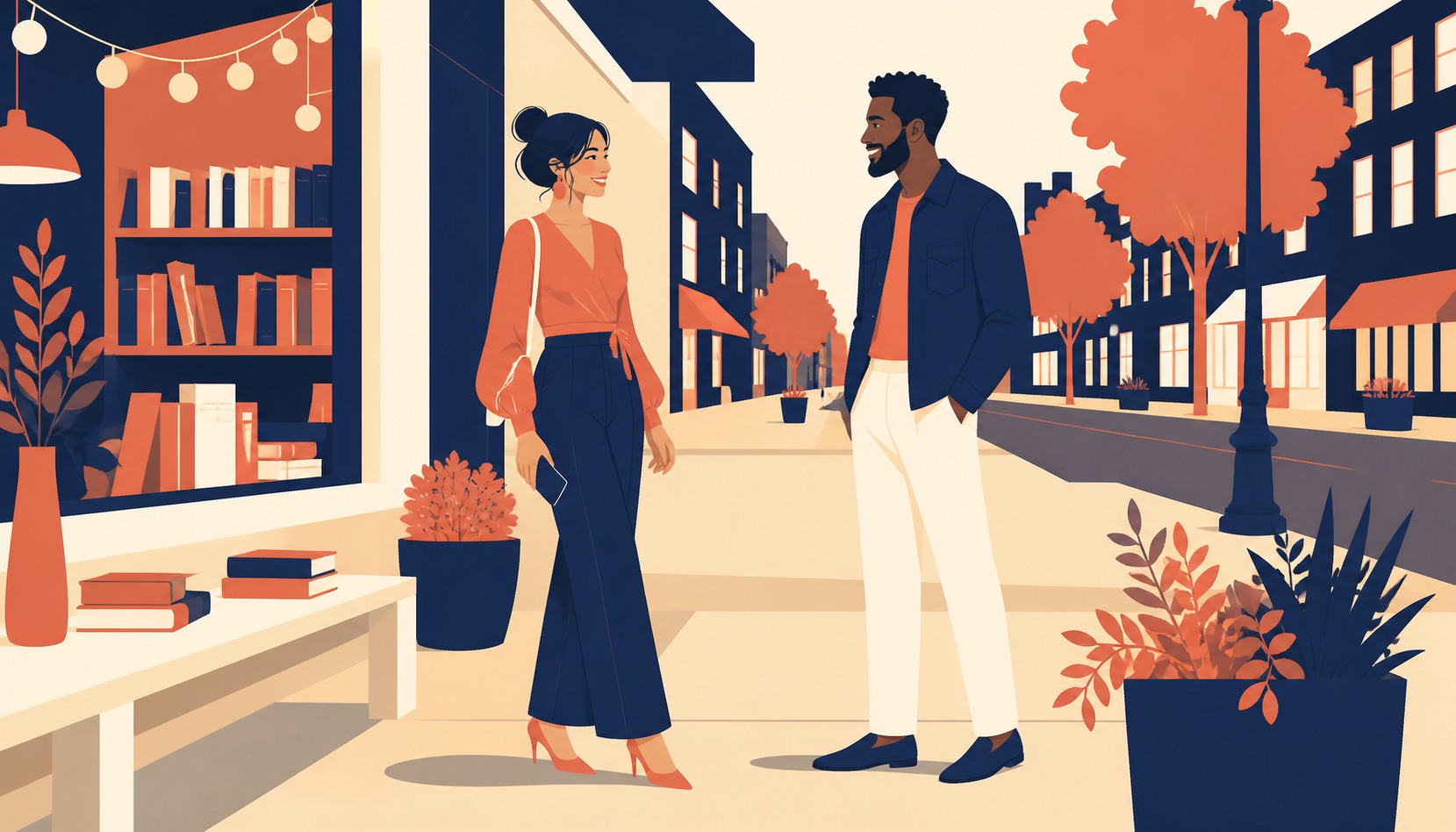 A couple meeting in person for the first time outside a bookshop at dusk, she holds her phone at her side, string lights in the shop window
