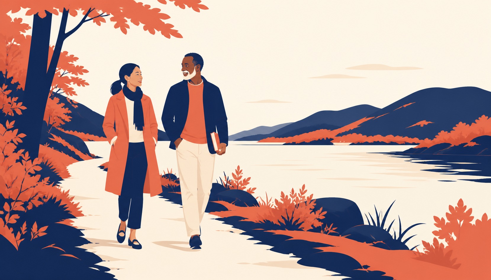 A man and a woman in their forties walking side by side on a quiet lakeside trail on an autumn morning, one carrying a paperback