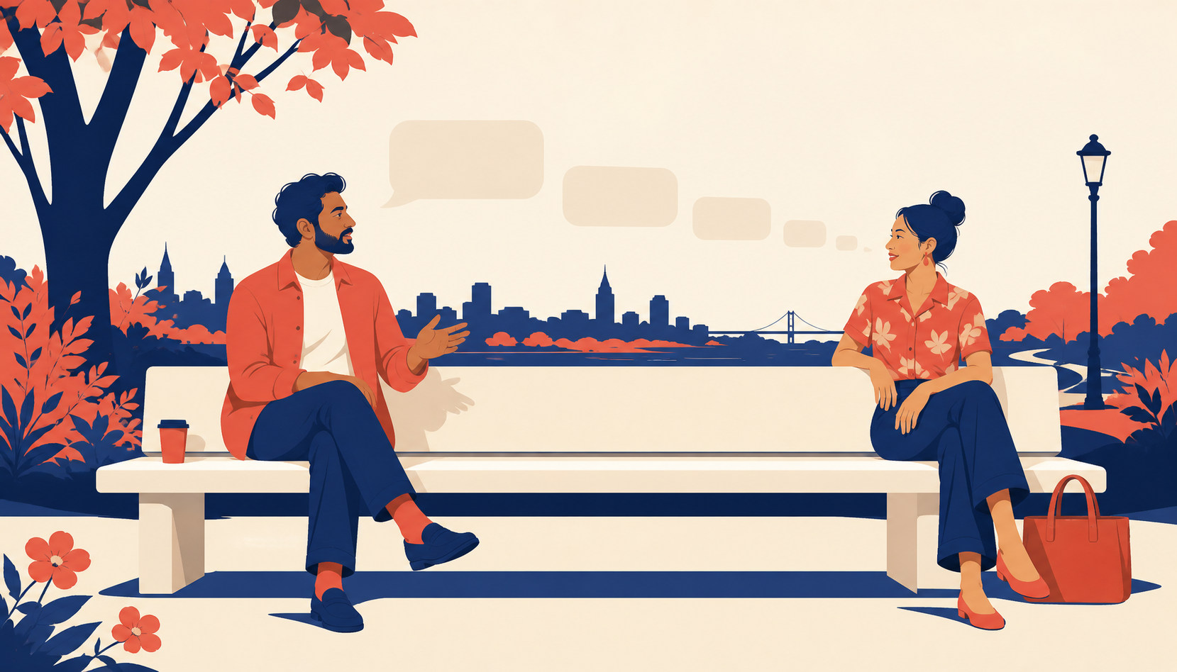 Two people talking on a park bench at dusk while empty chat bubbles drift away behind them