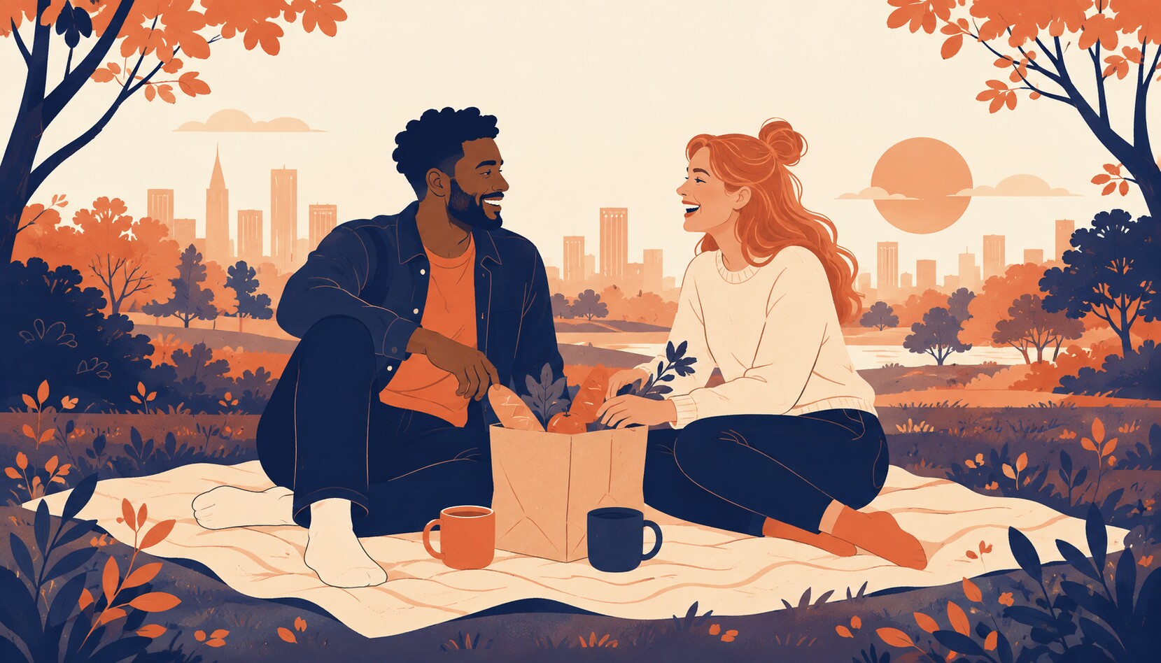 Two people sitting on a blanket in a park at golden hour with a paper bag between them