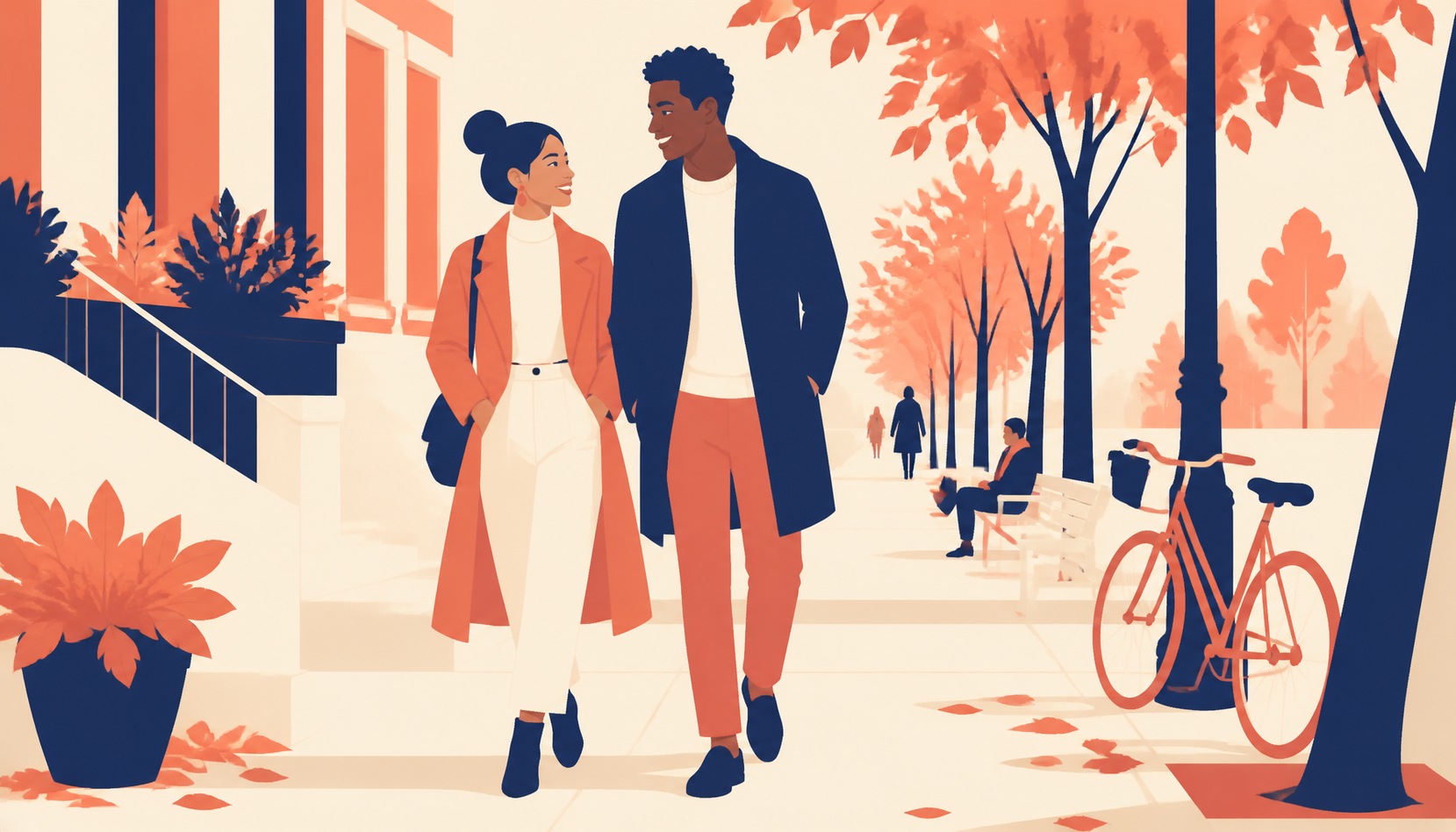 A man and a woman in their late twenties talking warmly over coffee at an outdoor table, relaxed and unhurried
