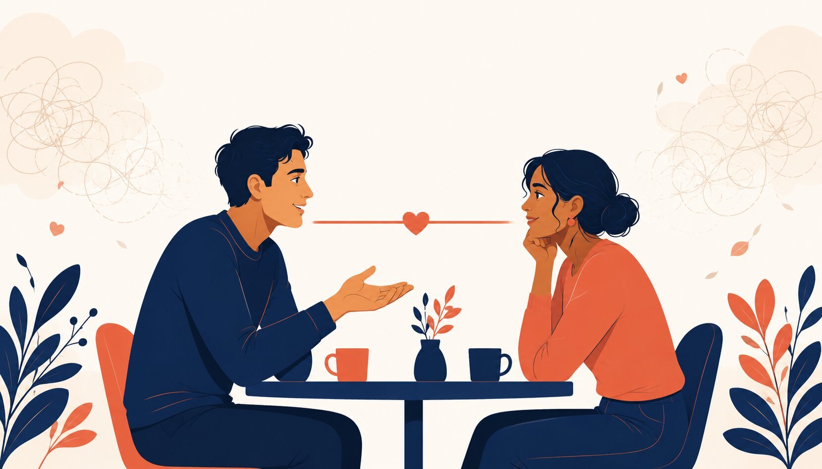 Two people on a date having an open, direct conversation over coffee