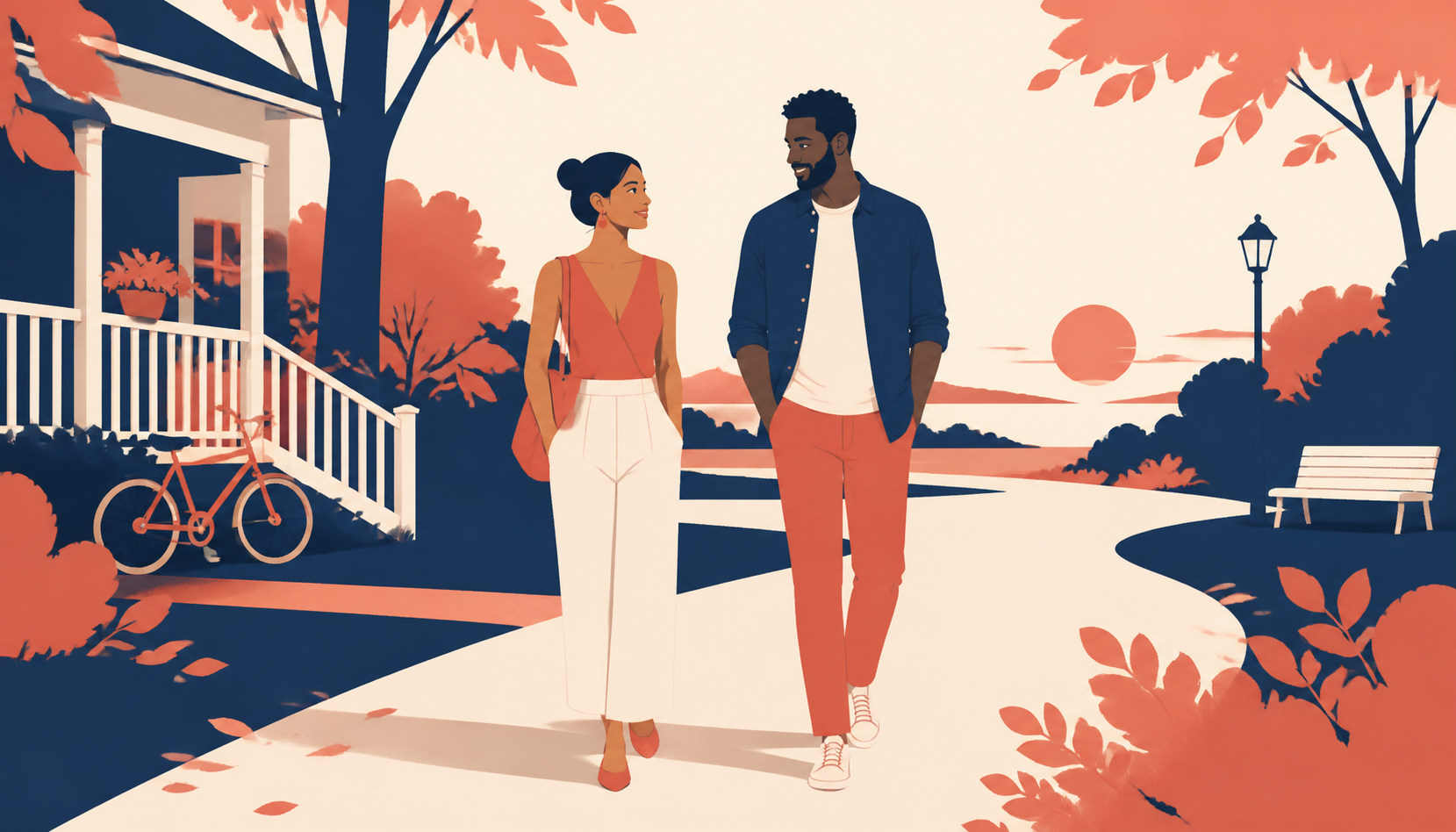 A couple on a relaxed evening walk past a porch with a bicycle, suggesting home life woven into a new relationship