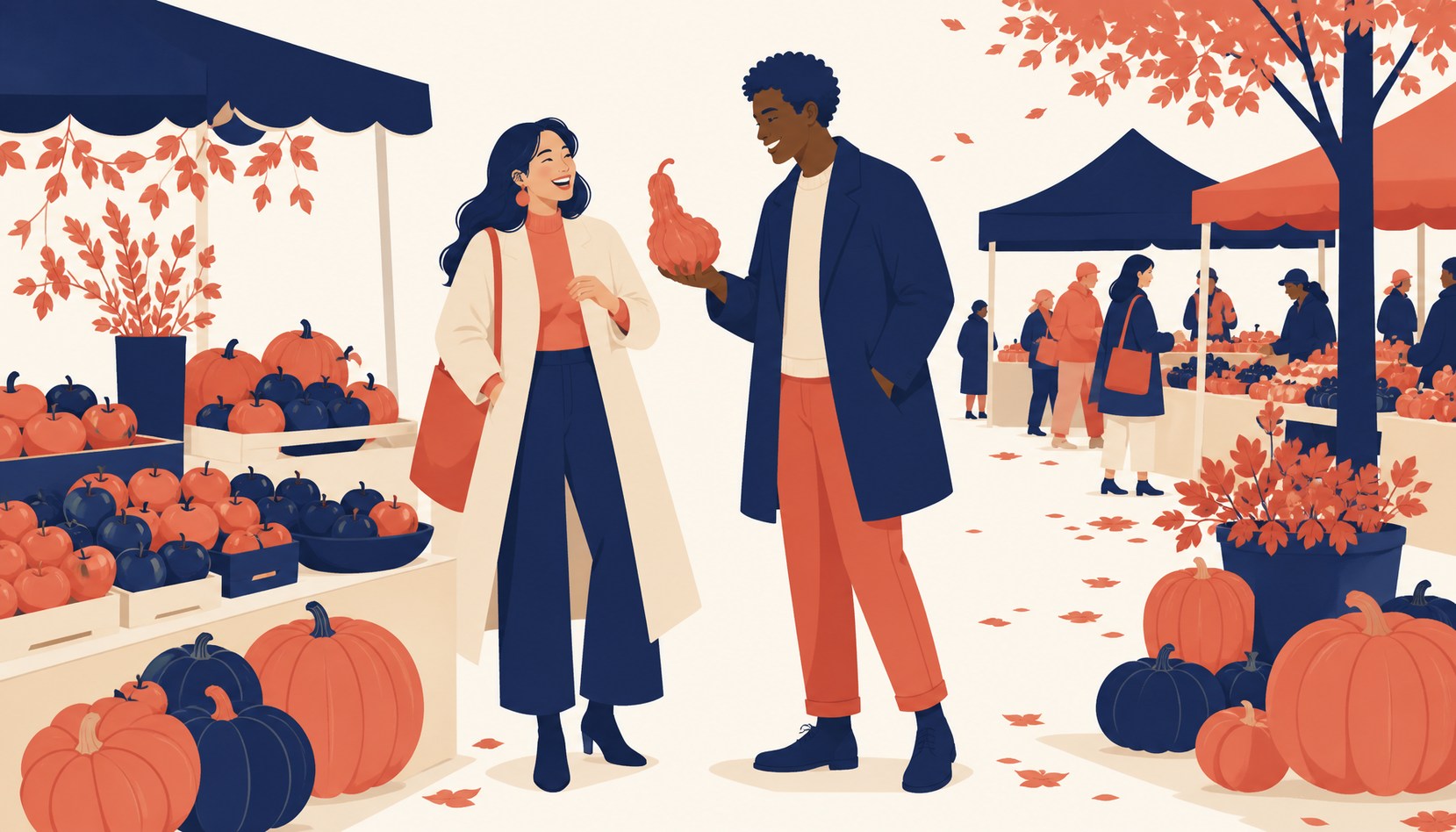 A woman in a cream coat laughs while a man in a navy coat holds up an oddly shaped squash at an autumn farmers market stall piled with apples and pumpkins