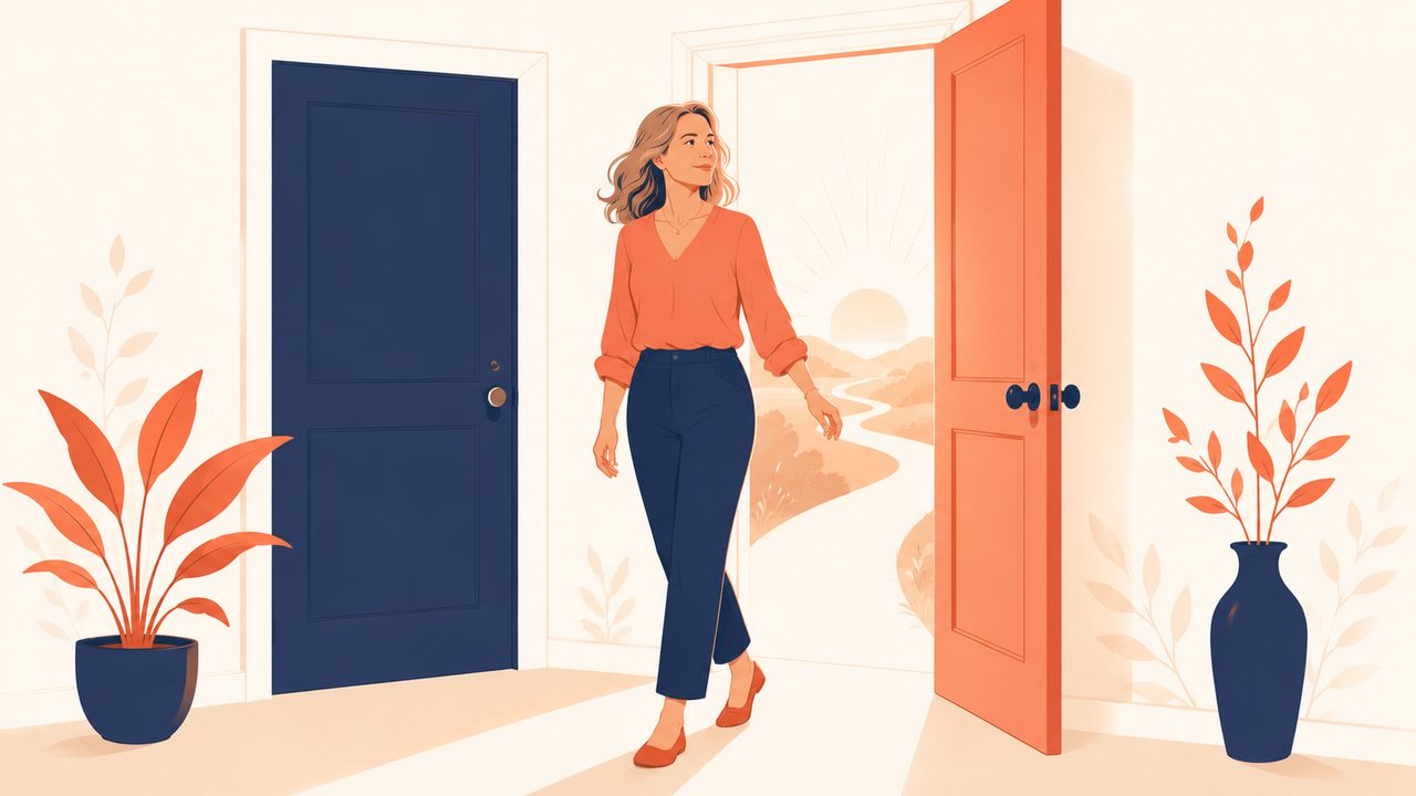 A person stepping through an open door into warm morning light