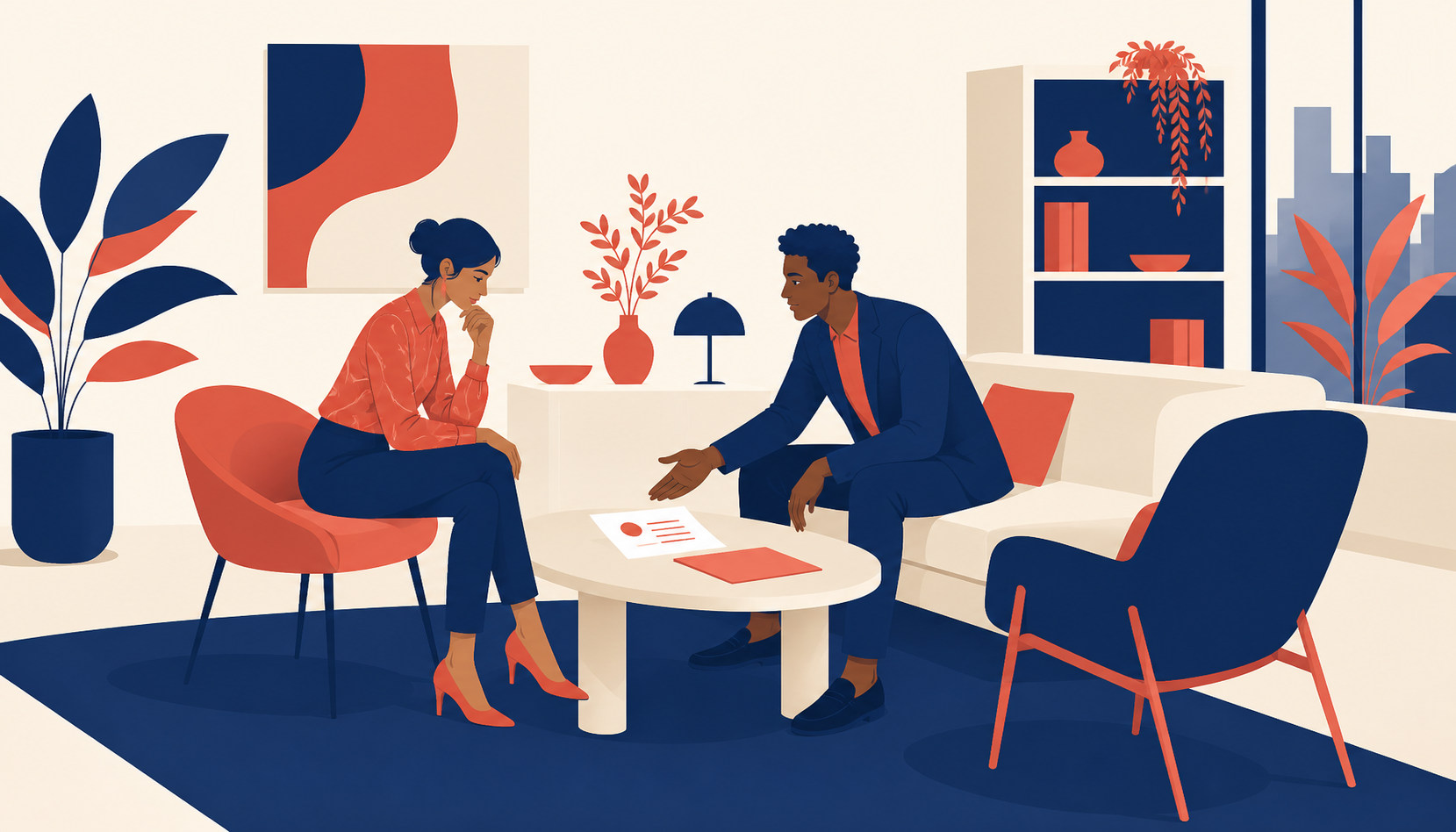 A woman considering a printed page across a low table from an advisor in a bright office, a second chair turned away in the middle distance