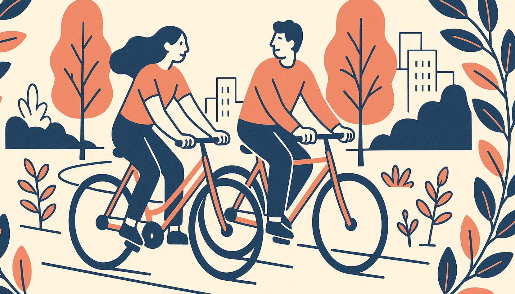 A couple biking side by side along a tree-lined Atlanta trail