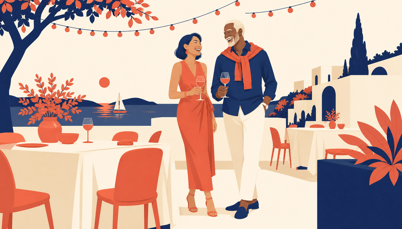 A couple in their 50s on a relaxed outdoor dinner date, string lights overhead, both laughing mid-conversation
