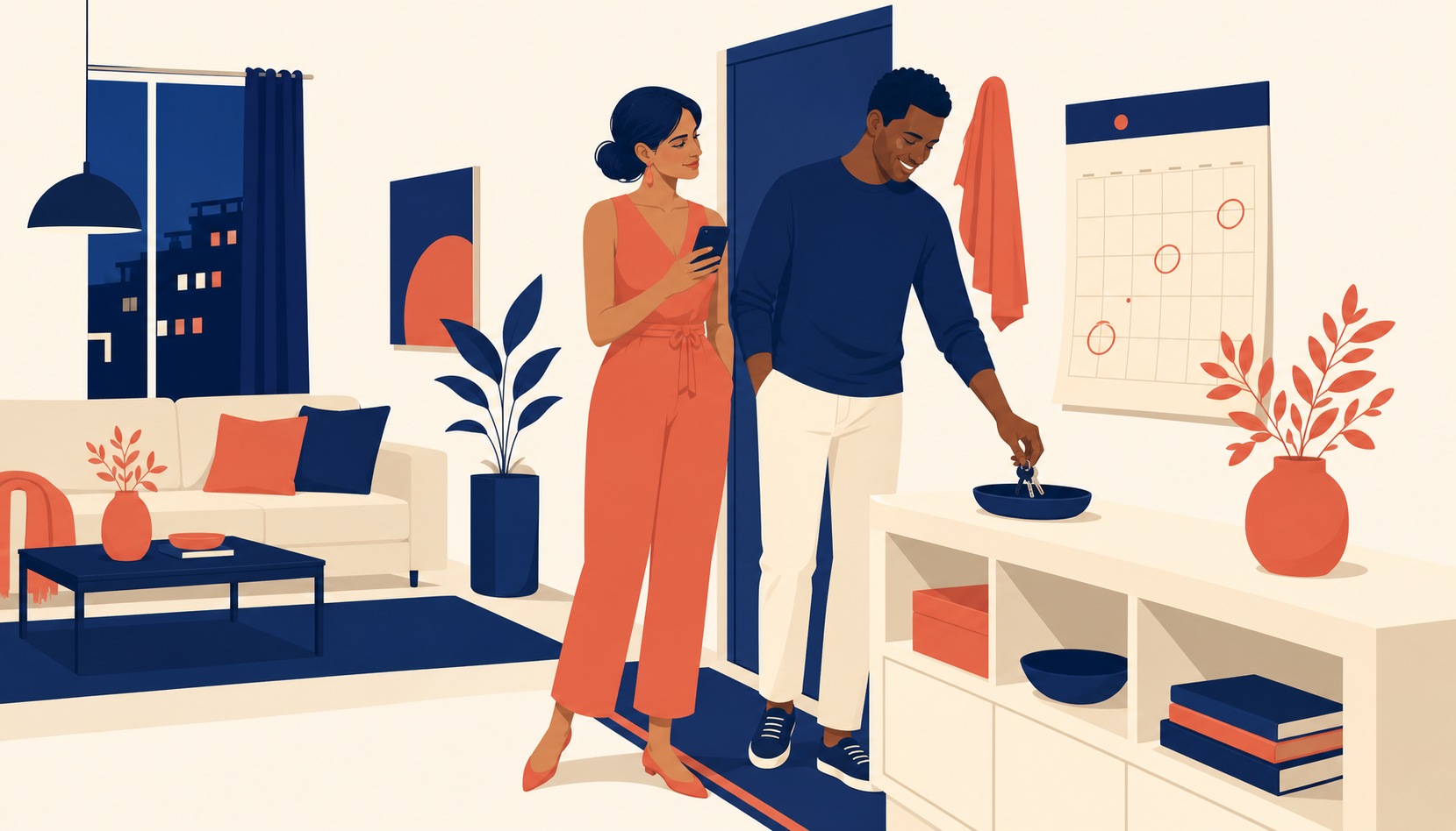 A woman holding her phone smiles as a man drops his keys into a navy dish by the apartment door, with a wall calendar of circled dates beside them
