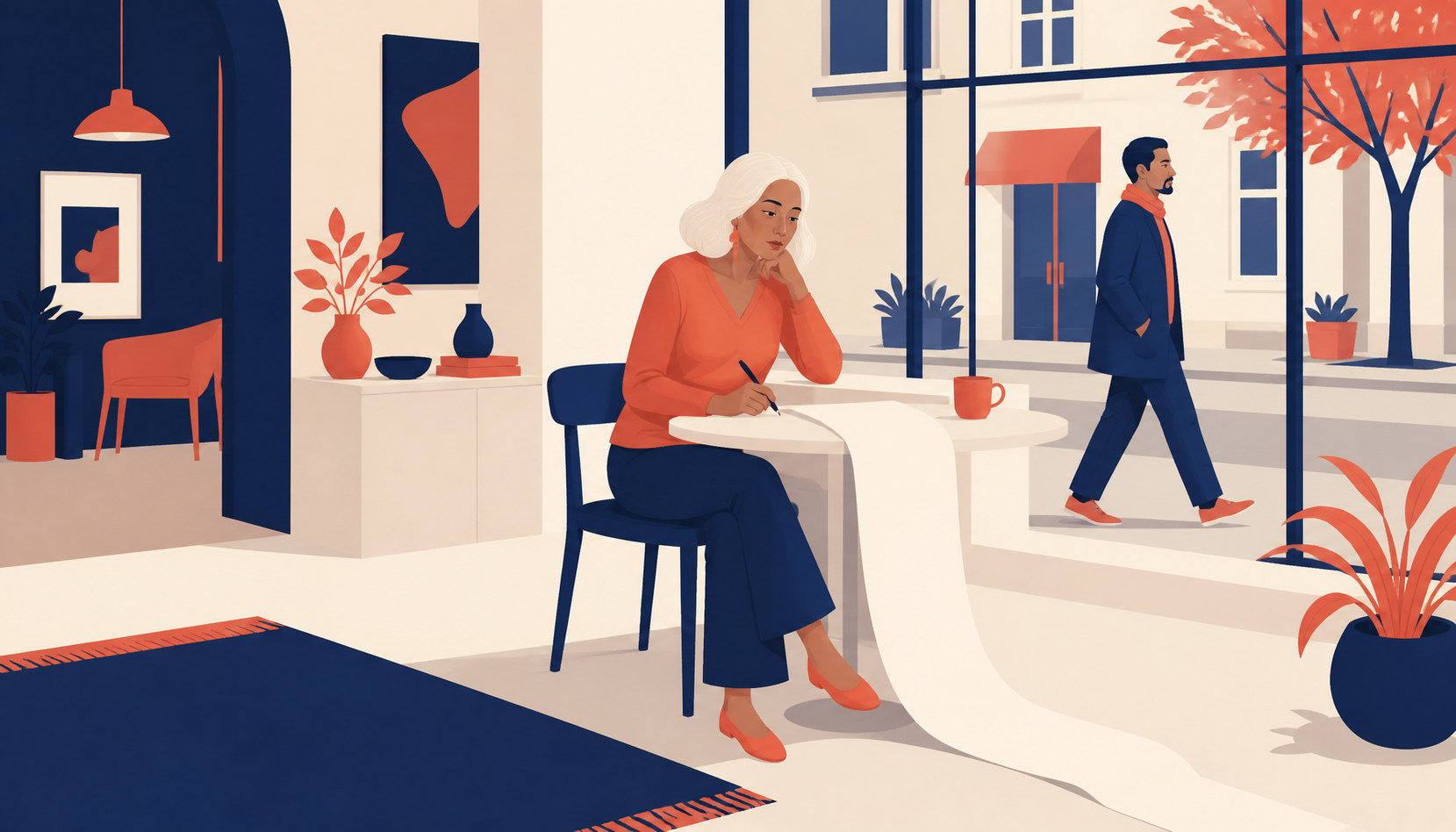 A woman sitting at a table with a very long unrolled list in front of her, looking away from it, a man passing unnoticed outside the window