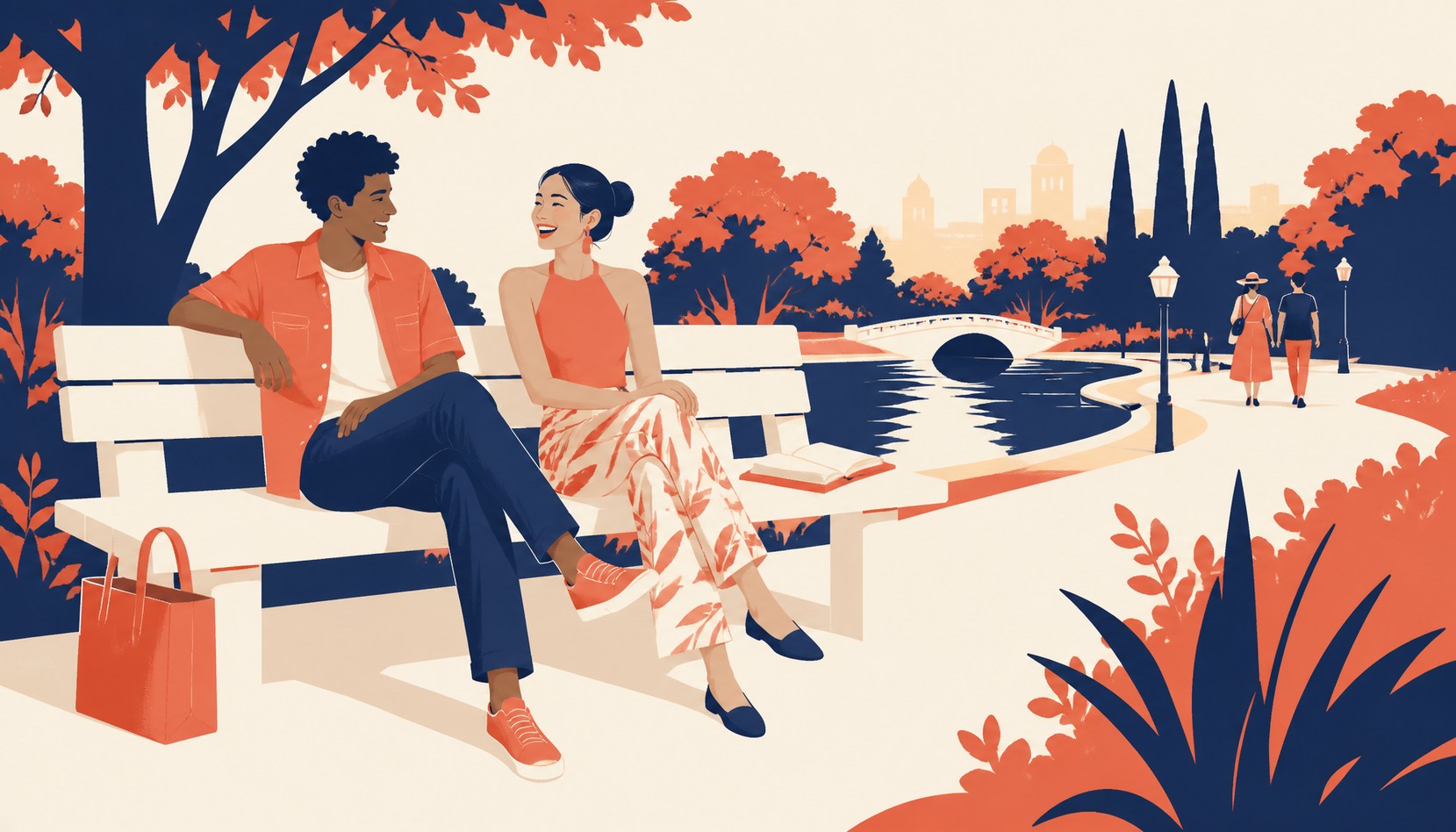 A couple relaxed and laughing together on a park bench