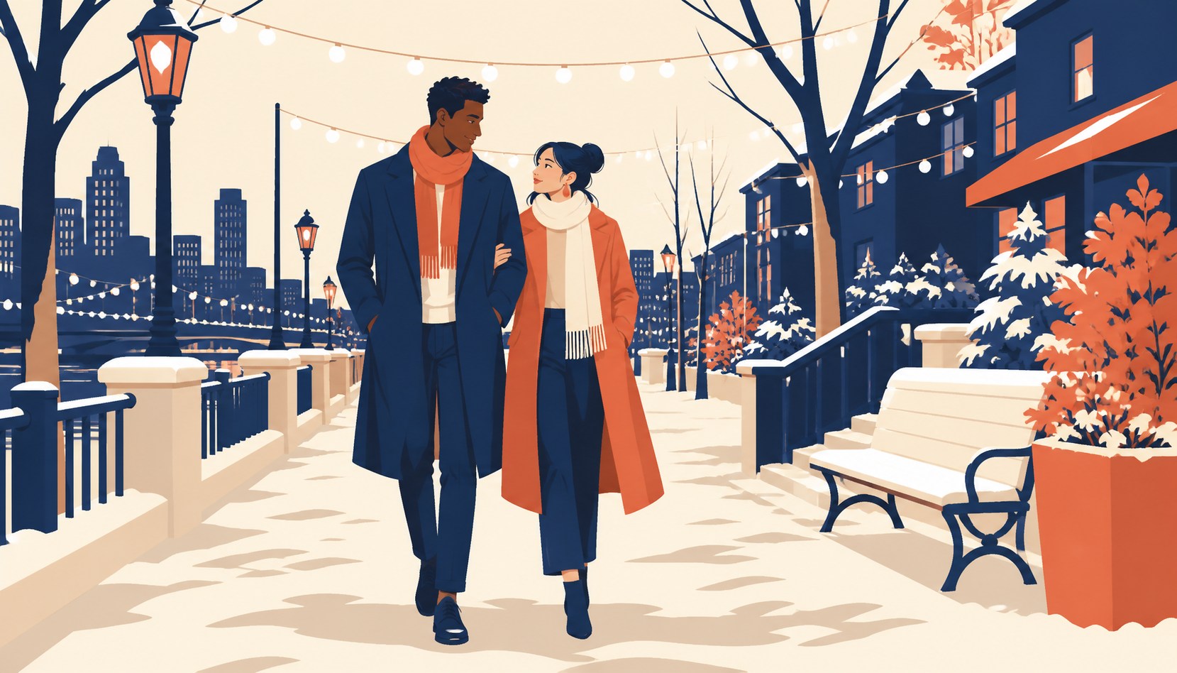 A couple walks arm in arm along a snowy city sidewalk at dusk beneath strings of winter lights, in long coats and scarves