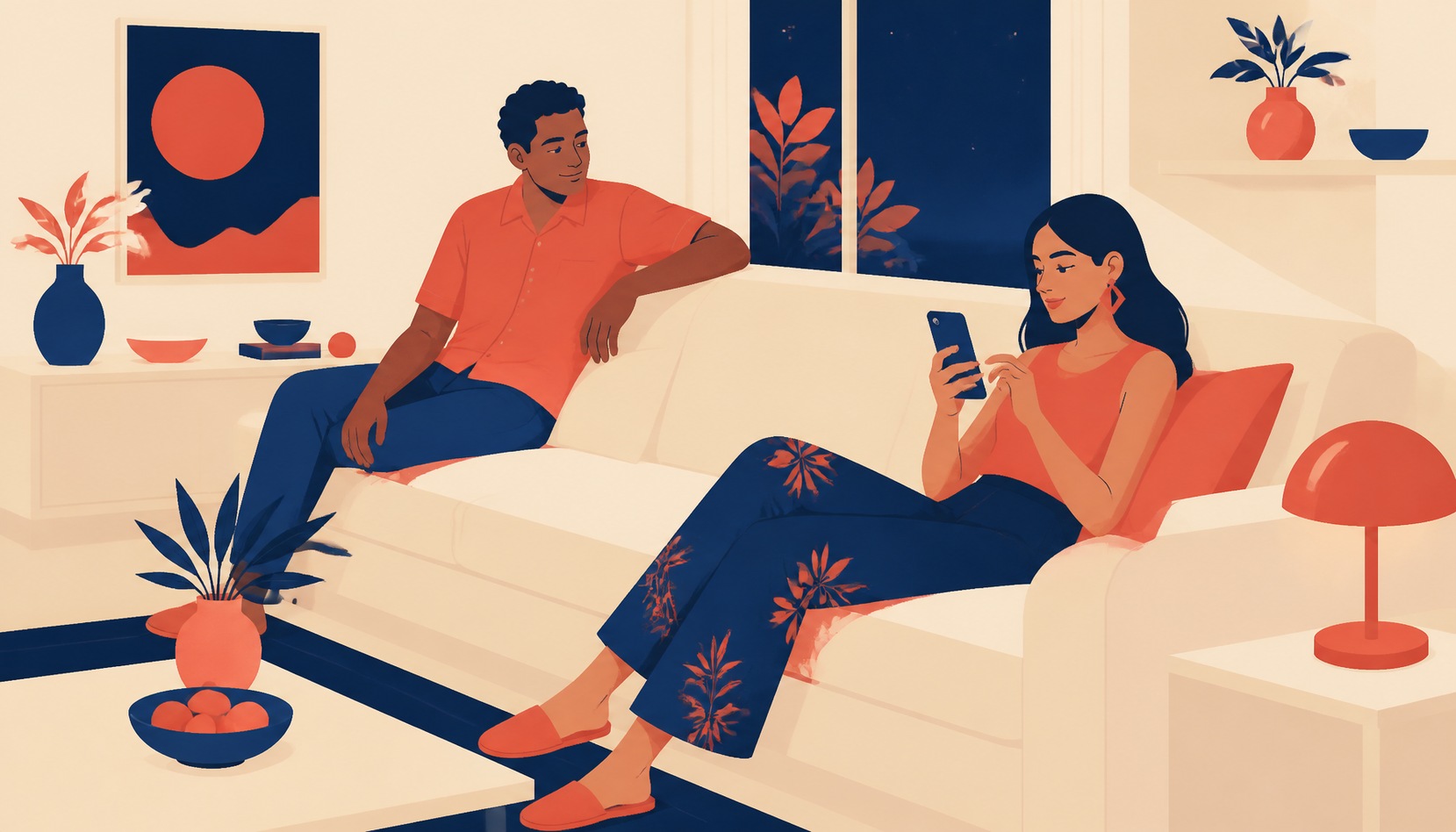 A person on a couch holding their phone with a calm, considering expression, thumb hovering over a second text message