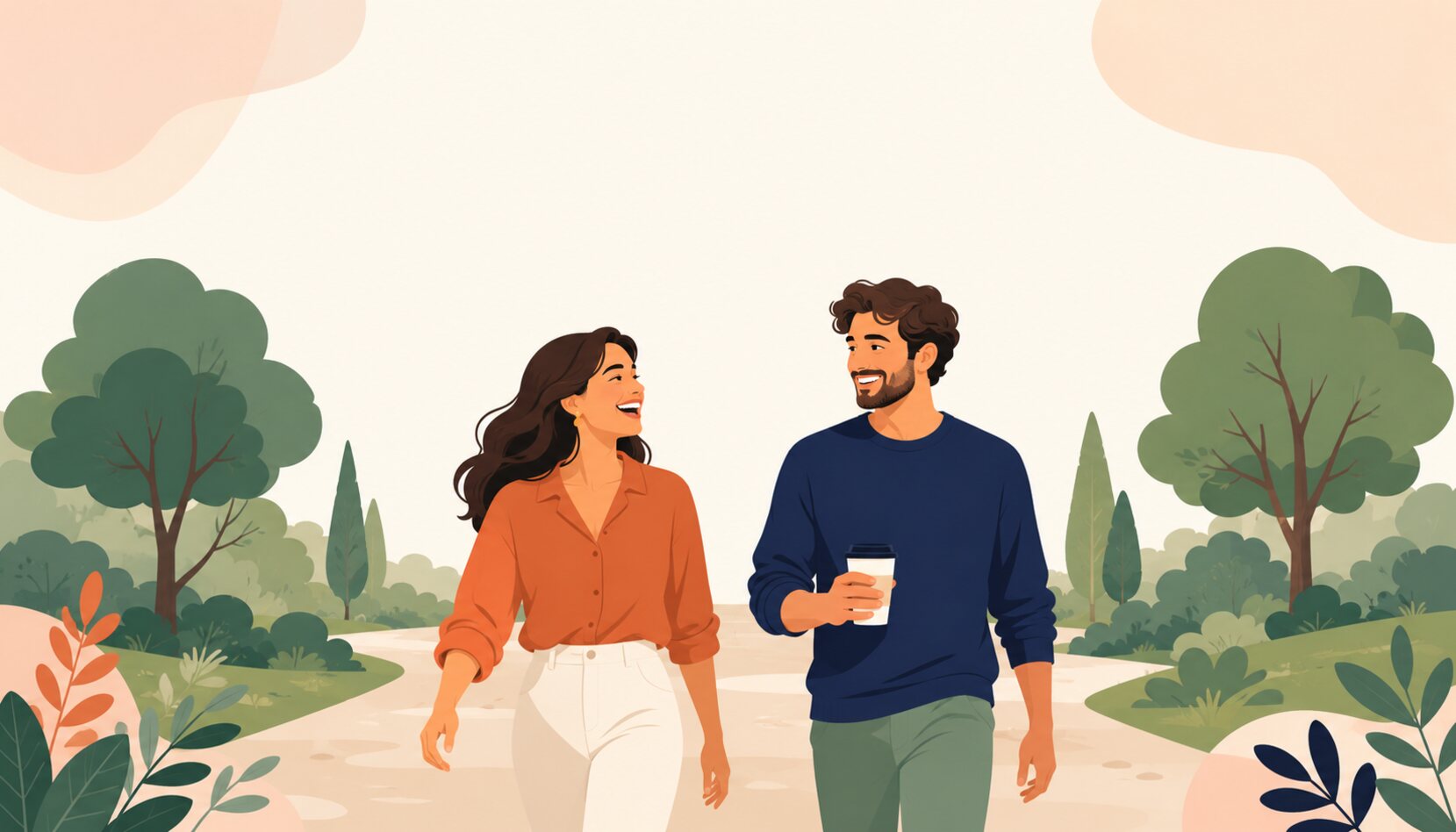 Two people on a coffee date, laughing over mugs with no alcohol in sight