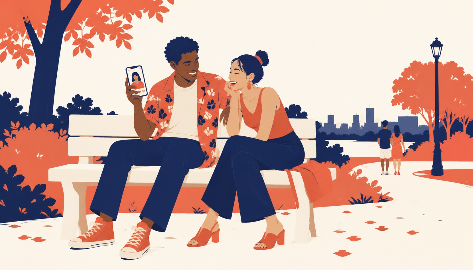 A woman smiling at her phone on a park bench, scrolling through a dating app