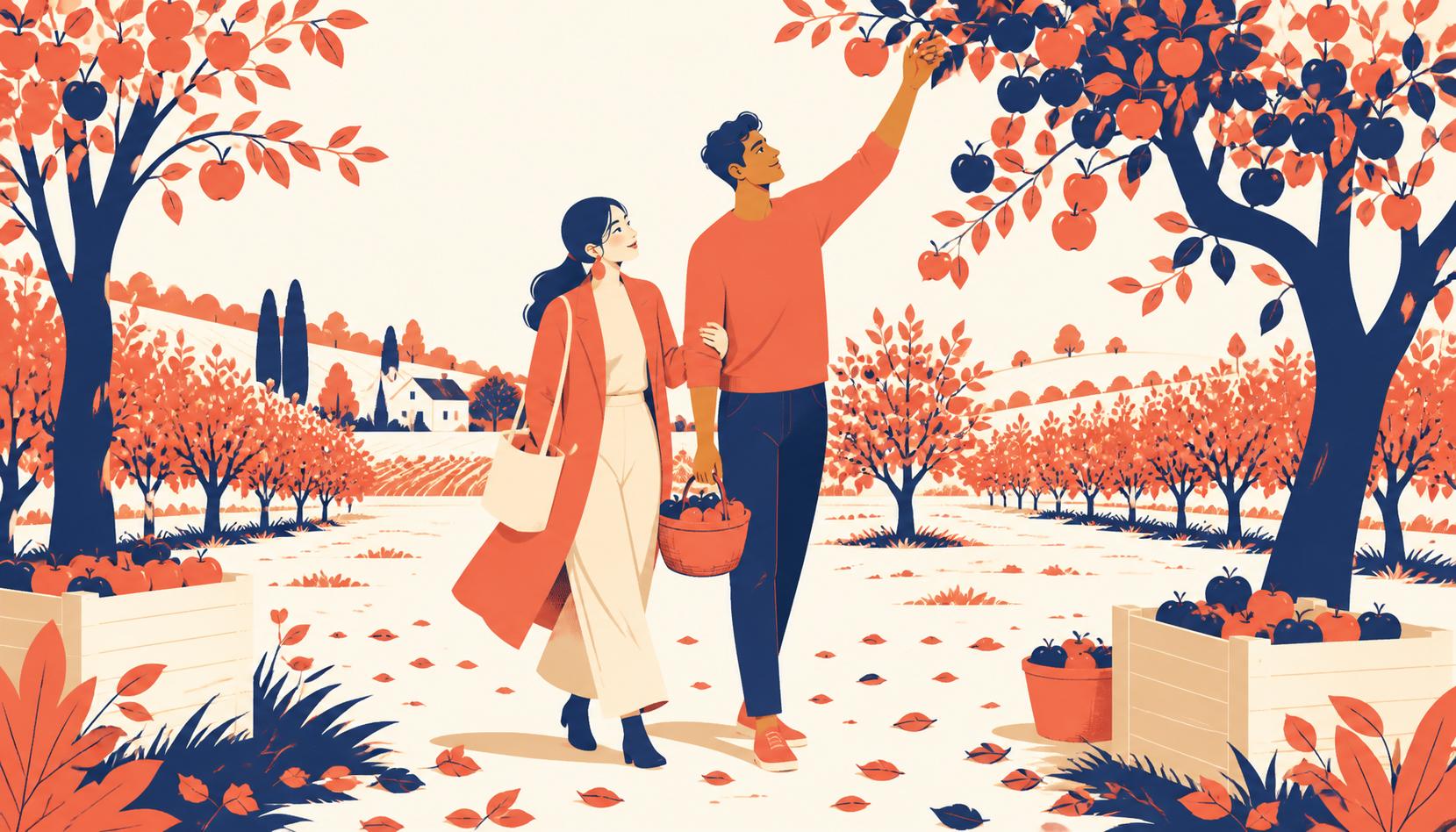 A couple walking through a sunlit apple orchard, one person reaching up to pick an apple from a tree