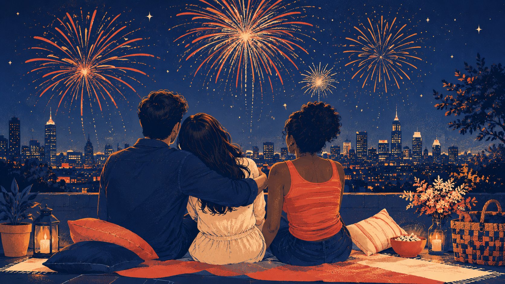Fourth of July fireworks over a warm skyline, three friends watching together on a rooftop