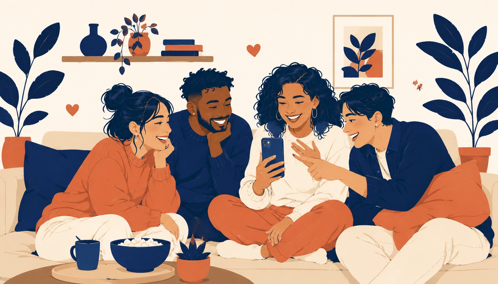 A small group of friends gathered on a couch, one holding up their phone for the others' opinion