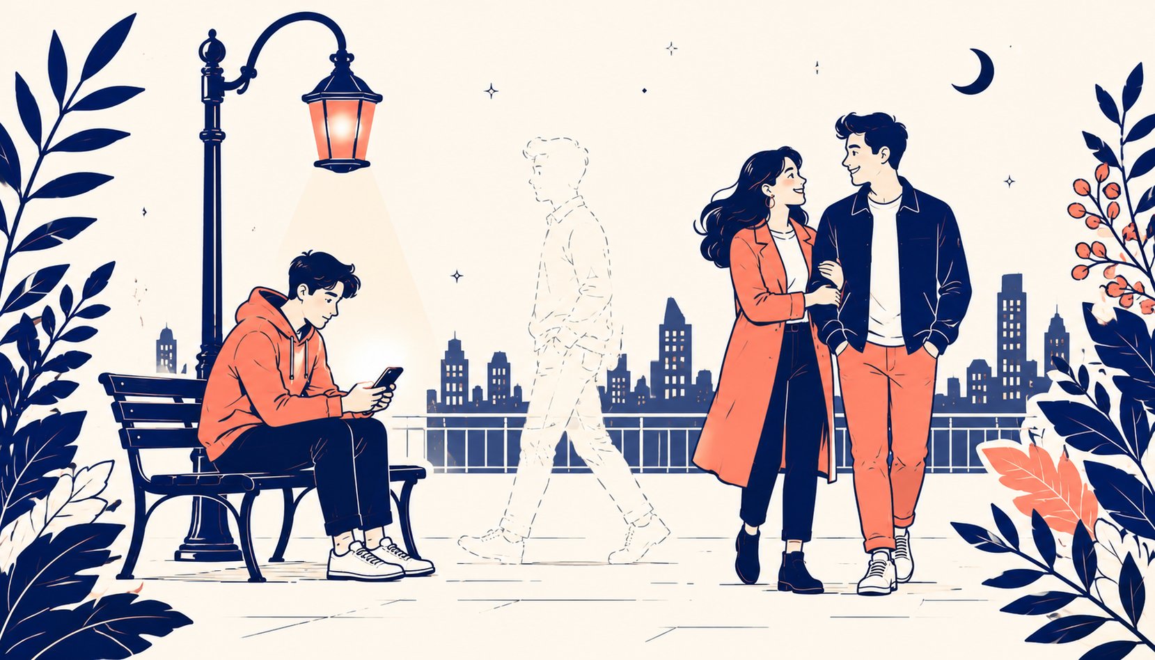 A person checking their phone alone under a streetlight while a faint, translucent figure passes in the background and a real couple walks together nearby
