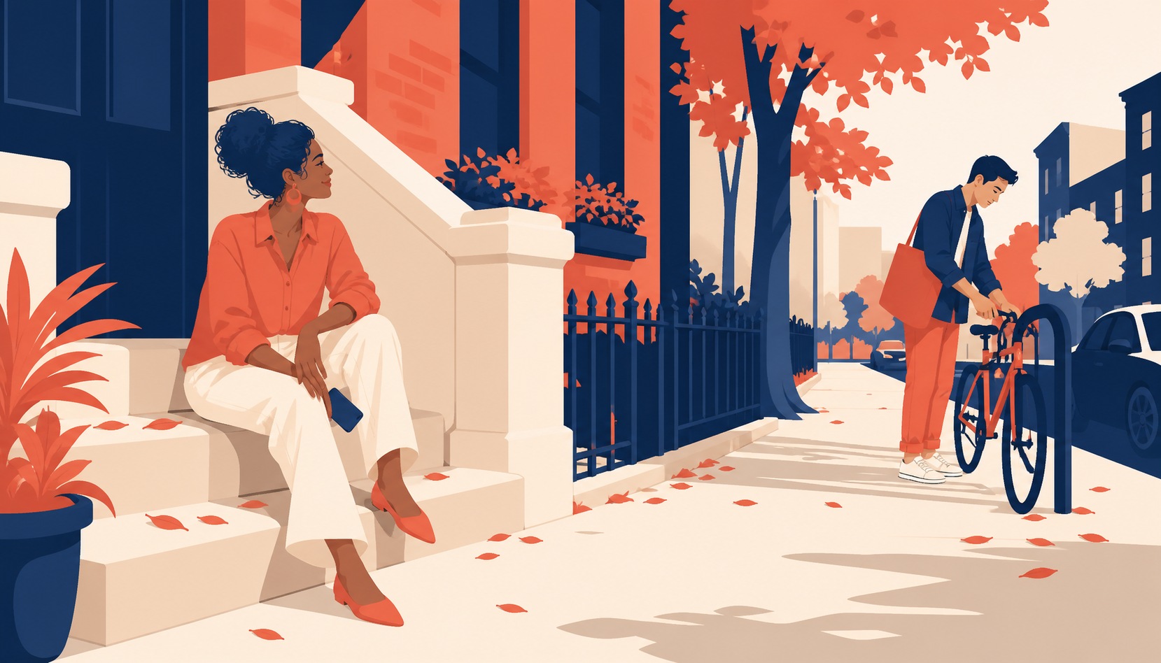A woman sitting on a brownstone stoop with her phone face-down on her knee, glancing across the street at a man locking up a bike, autumn leaves on the steps