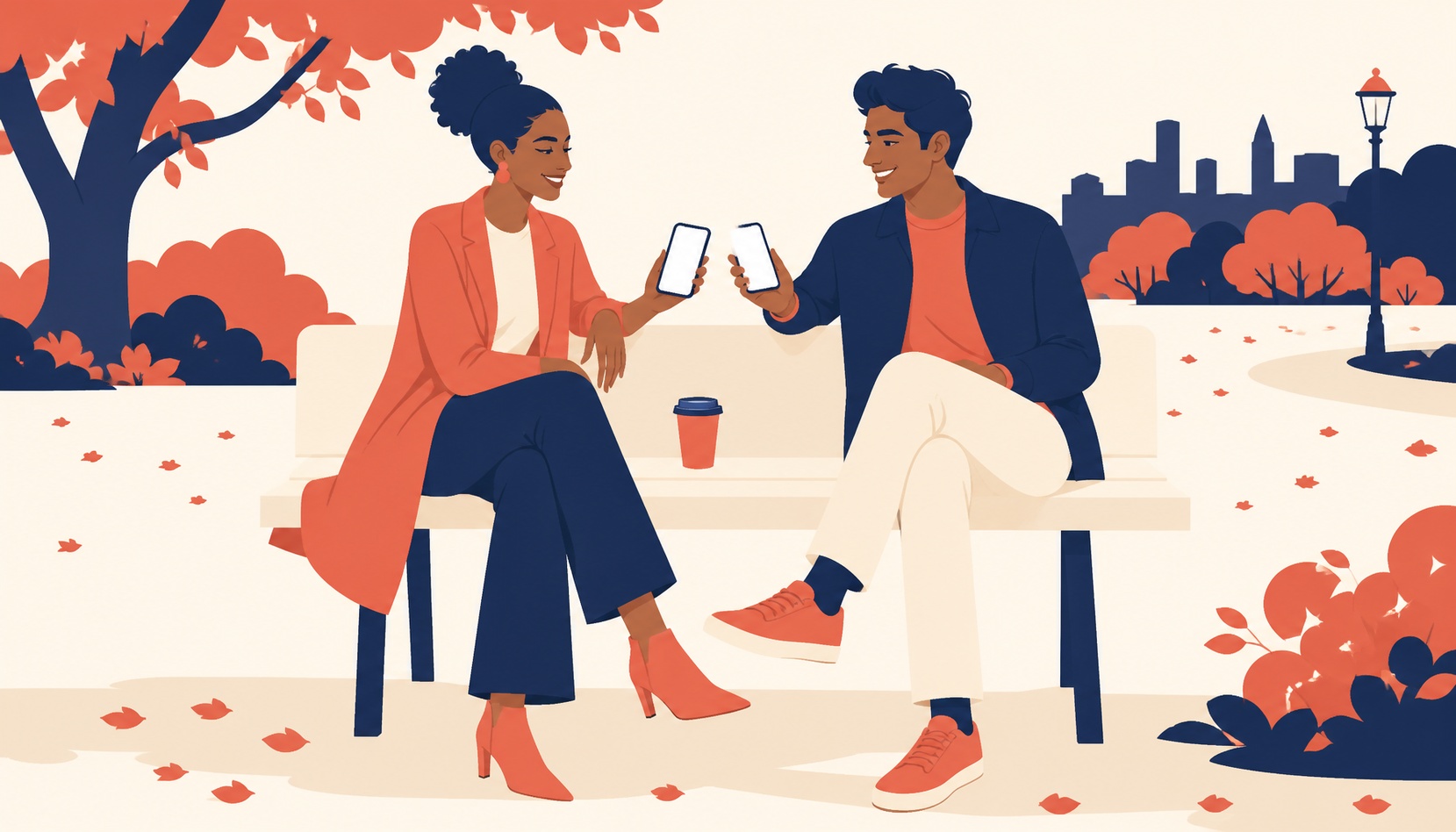A Black woman and a South Asian man sitting on a park bench in autumn, tilting their phones toward each other to compare, laughing, a coffee cup between them