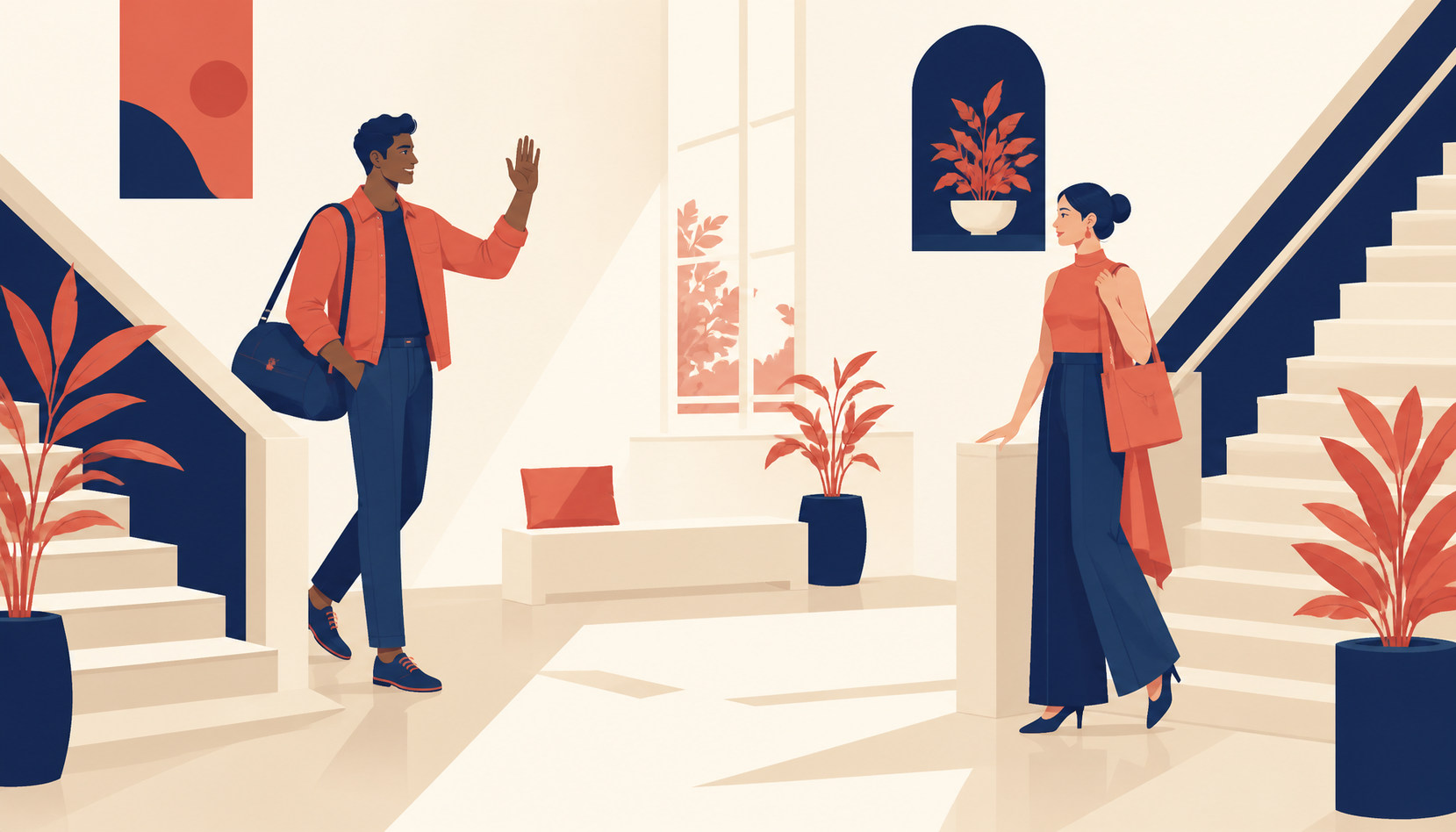Two people meeting for the first time at a small table, each having arrived from a different direction