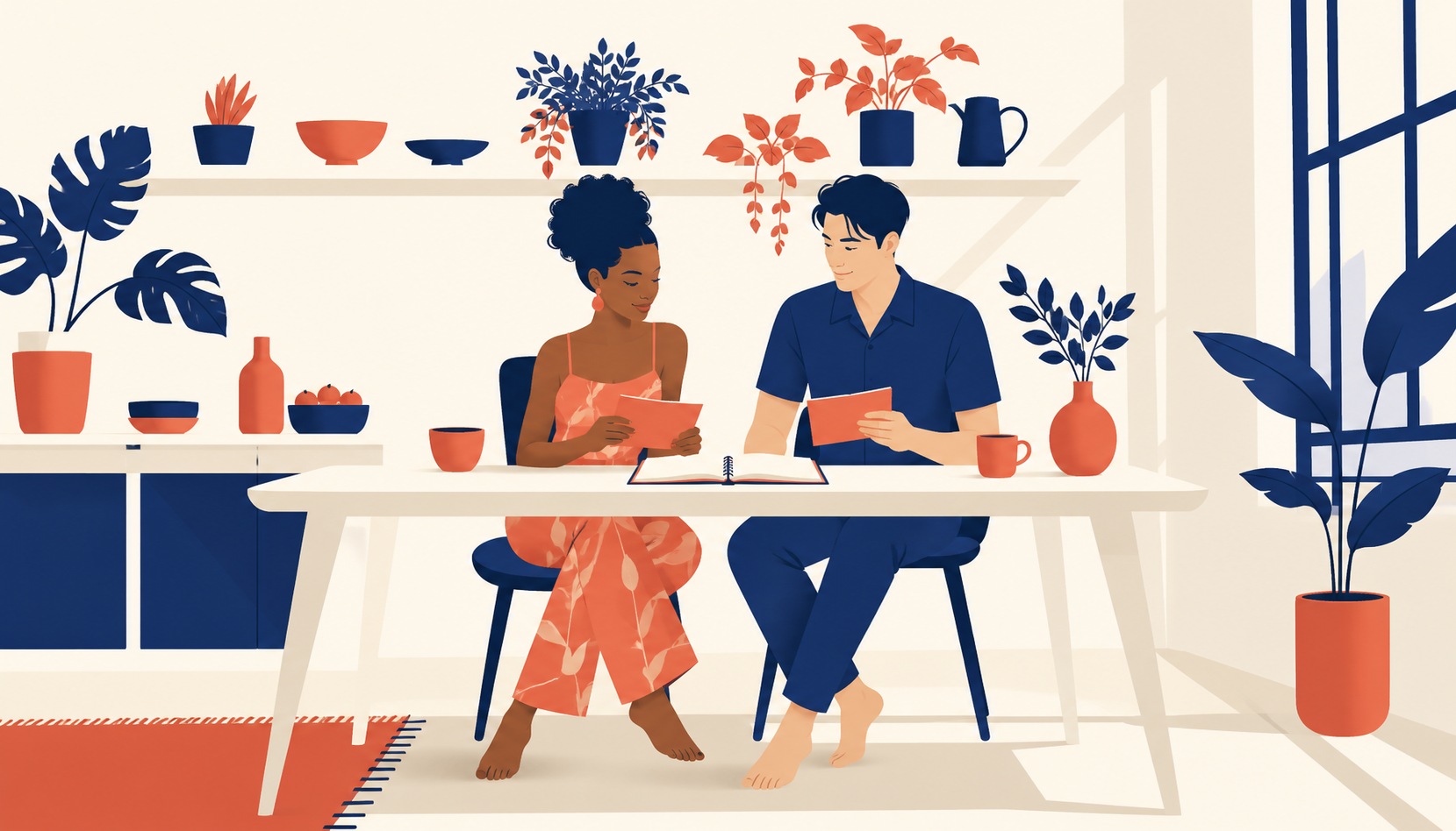 Illustration of a couple at a sunlit kitchen table, each holding a card and comparing their lists over a shared open notebook, flat editorial style in navy and coral