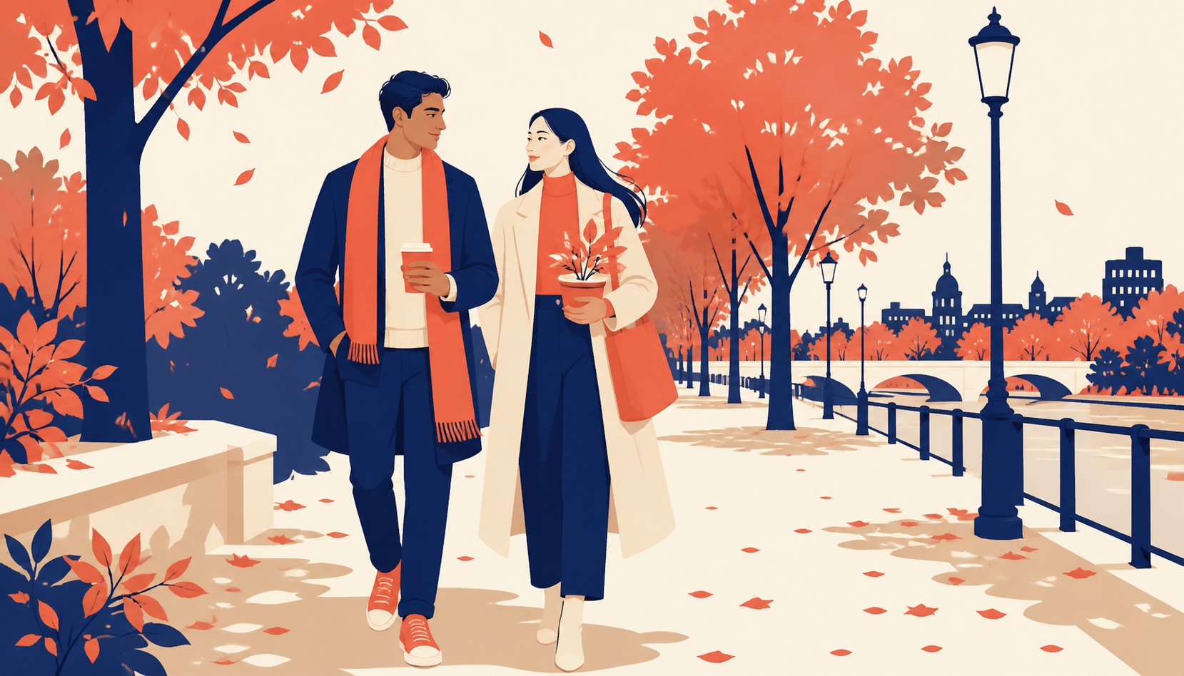 Two friends walking along a tree-lined riverside path in autumn, one holding a coffee and the other a small potted plant, relaxed and unhurried