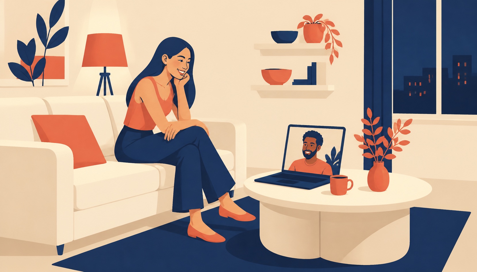 A woman on a sofa in a lamplit living room smiles at a laptop on the coffee table, where a bearded man smiles back from a video call