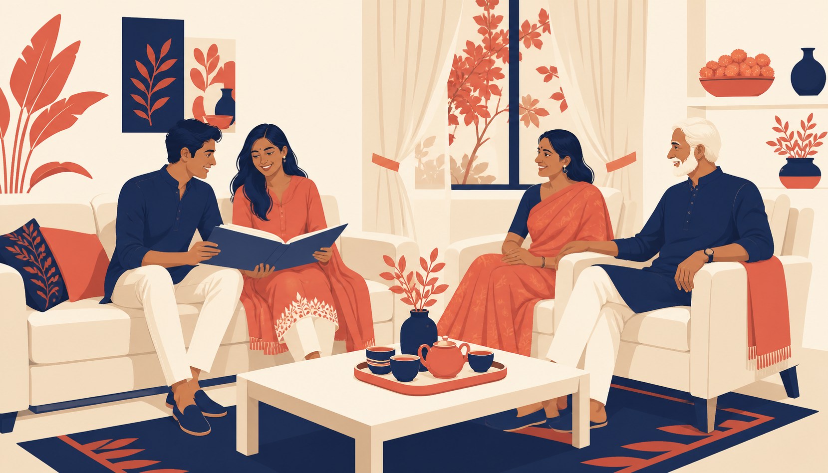 A young South Asian couple looking through a folder together on a sofa while her parents sit nearby with a tea tray, everyone relaxed and talking
