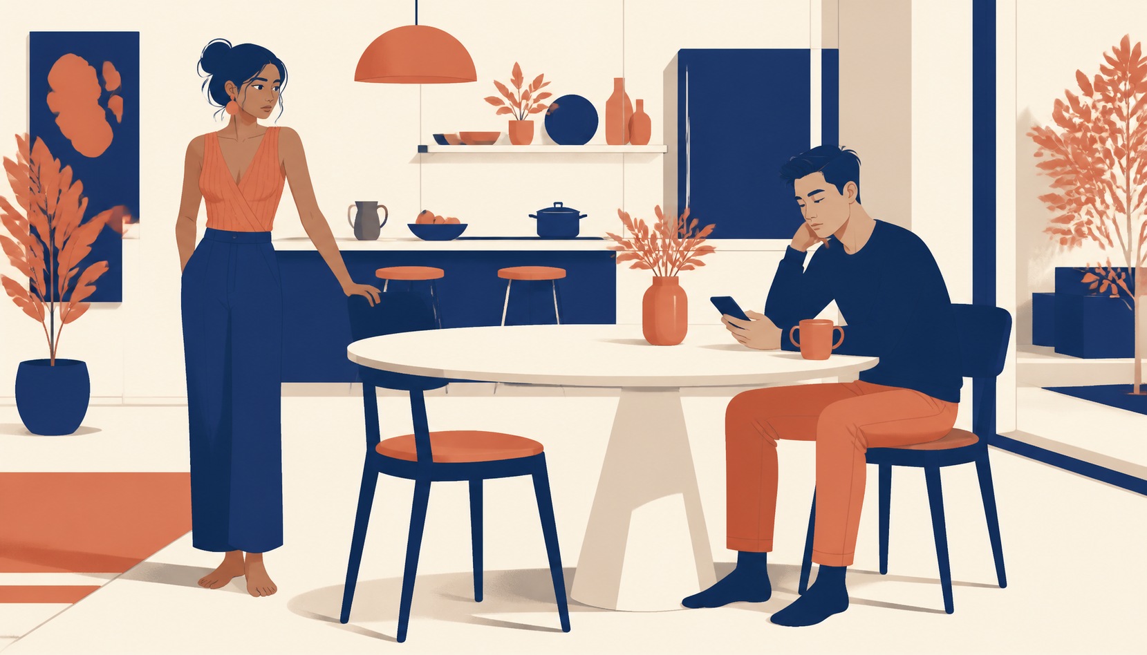 A woman standing in a kitchen, watching her partner who's absorbed in his phone at the table