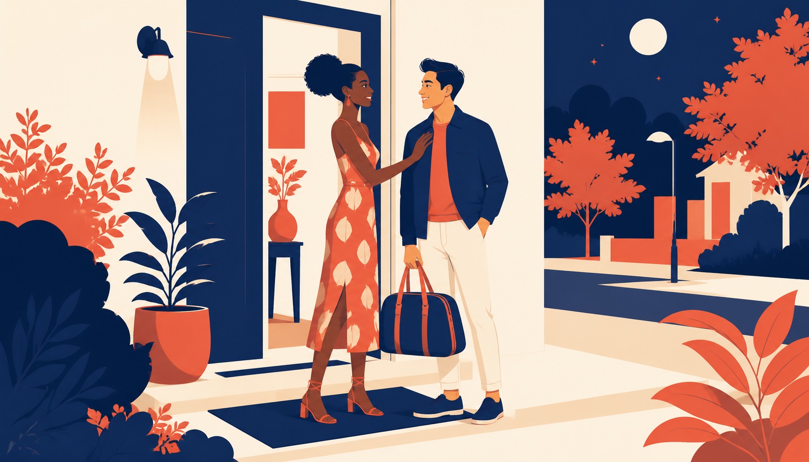 A couple saying an affectionate goodbye at a front doorway in the evening, one partner holding a bag and about to head home to their own place after dinner together