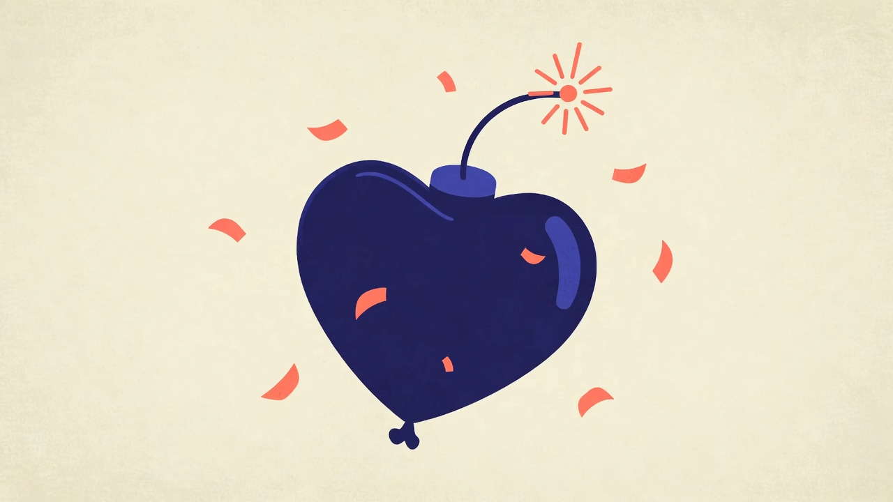 A heart-shaped bomb with a lit fuse