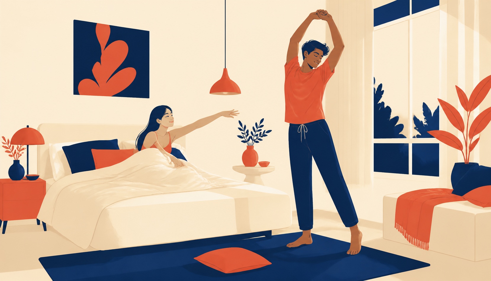 A couple at home in the morning, one partner reaching out from bed with a smile while the other stretches nearby, both relaxed and unhurried