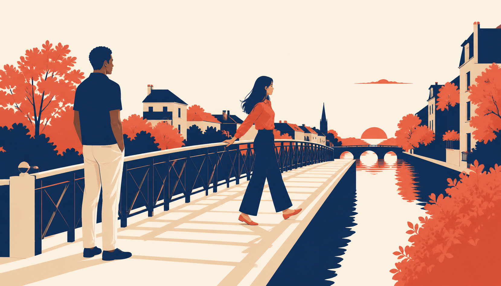 A person on a footbridge at dusk still holding the railing behind them while turning to walk forward, another person waiting further back