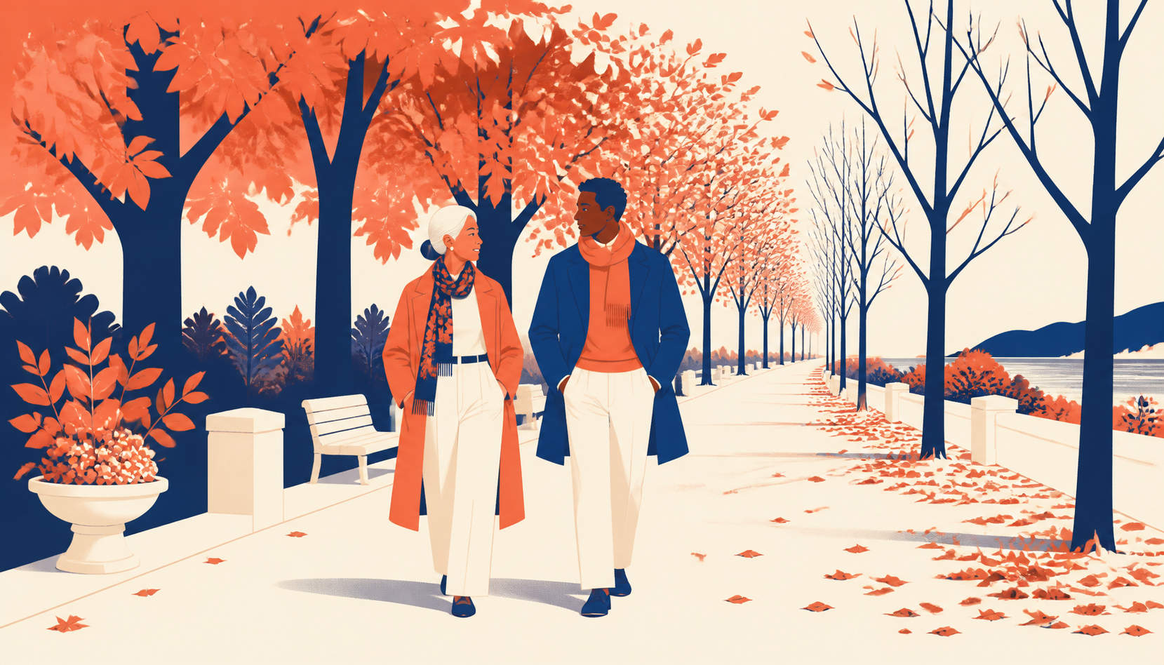 A couple walking a tree-lined path where the leaves thin from full canopy to bare branches across the frame