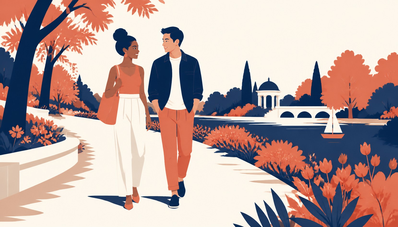 Two people walking side by side along a sunlit park path, mid-conversation, a fresh unhurried morning